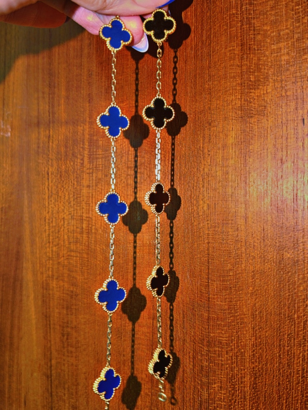 Gold Chain Necklace with Blue and Black Clover Accents